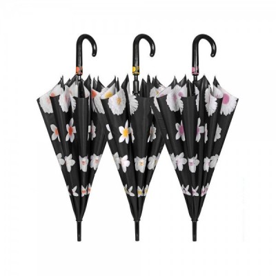 Paraguas automatico negro con flores antiviento surtido 61cm