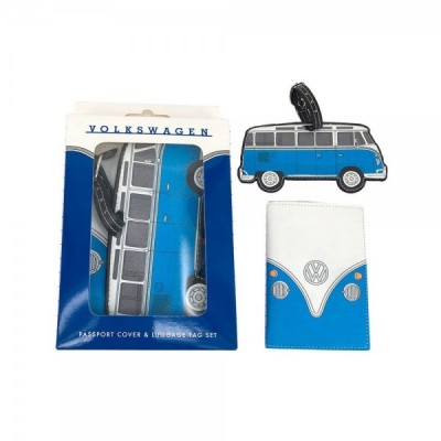 Set portapasaporte y etiqueta de equipaje Caravana Volkswagen VW Azul